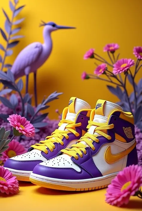 A pair of vibrant purple and yellow Air Jordan 1 high-top sneakers, positioned slightly off-center towards the lower-middle portion of the image. The sneakers are placed in a stylized floral and botanical environment. The shoes are detailed with a pale yel...