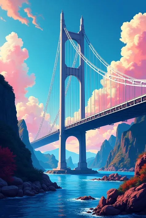 Graphic work, sea, colorful, bridge
