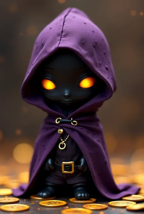  Create a tiny being that transmits tenderness and compassion, with a dark face where only bright yellow eyes can be seen, hooded with a wide face , with a majestic dark purple cape , emanating tenderness and a challenging aura full of coins with the TikTo...