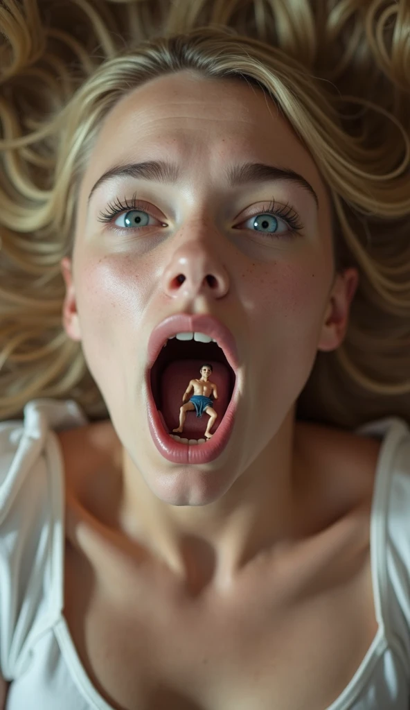 Front view.  realistic photo.  The beautiful giant blond woman with fair skin: She is in the center of the picture  .nue.  With her bravely mouth wide open ,  revealing the back of her throat . Ses yeux bleu regardent vers le haut,  showing a hungry expres...