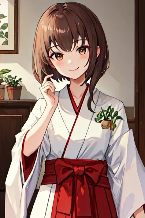  top quality,  masterpiece,  Hi-Res, Alone, { white kimono:1.35}, {Red Hakama:1.35}, { wide sleeve :1.20}, {Taihou_  Kangtai Collection :1.15},  file, smile, Very short Bob,  brown_hair,  brown_eye, short_hair