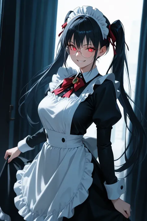 【 high quality】【 masterpiece】 Night Street Corner Darkness Anime Style Female Character、Let them hold swords in both hands。With an expression of madness、 demonic expression、A sharp, narrow gaze and a fearless smile。 red eyes。 wearing maid clothes with blac...