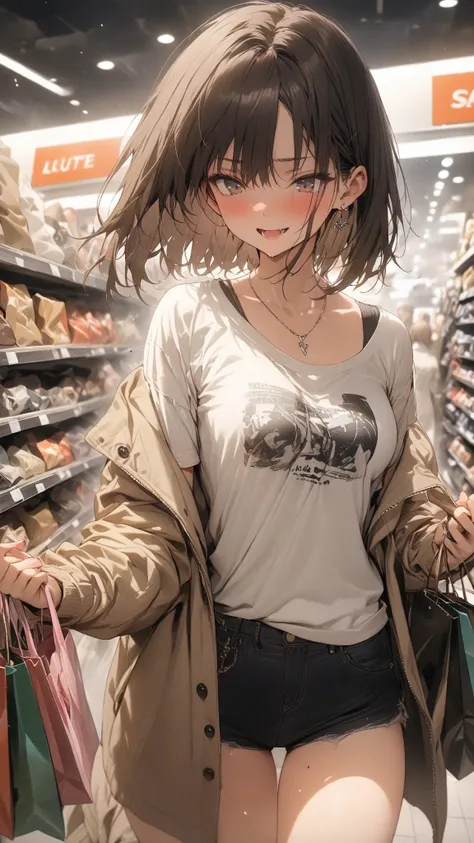 (masterpiece, detailed:1.2), One Girl, (18-years old), brown long Bob Cut, Medium Breasts, BREAK, Highest quality, cowboy shot, BREAK, shopping