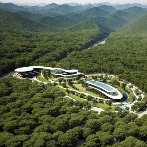 Future Architecture ， Aerial view ， combines the perfect fusion of technology with natural elements ，Terraced architecture combined with streamlined appearance and greening design，Mobis Ring，Demonstrating Toyo Ito's design philosophy 。