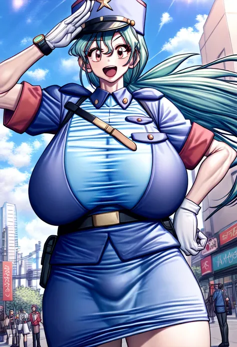  score_9,  score_8_ up,  score_7_ up,  score_6_ up,  source_Anime,  break 1girl pkmnJenny,  green hair,  blue hat, ,  blue shirt,  short sleeve, belt,  pencil skirt , white gloves,  Watch viewers,  happy, city, salute,  blue sky,  upper body、 zzz c  up , E...