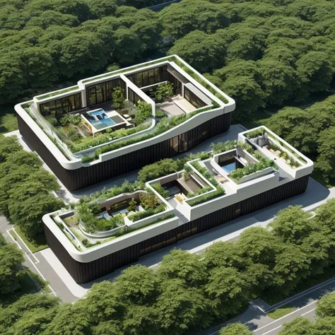 Future Architecture ， Aerial view ， combines the perfect fusion of technology with natural elements ，The appearance of terraced buildings and geometries combined with greening design，Mobis Ring，Demonstrating Toyo Ito's design philosophy 。