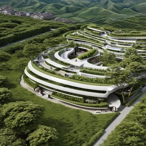 Future Architecture ， Aerial view ， combines the perfect fusion of technology with natural elements ，The appearance of terraced buildings and geometries combined with greening design，Mobis Ring，Demonstrating Toyo Ito's design philosophy 。