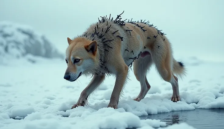  A weak and sick dog, covered in large barnacles and parasites, struggles to walk on the icy Arctic terrain. Its fur is matted, and its body shivers in the cold. The dog’s eyes look tired and in pain.