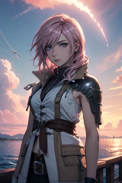 (最高 Masterpiece, top quality,4K,8k, Hi-Res, Masterpiece:1.2), Final Fantasy Lightning, pale pink hair,While watching a flying boat