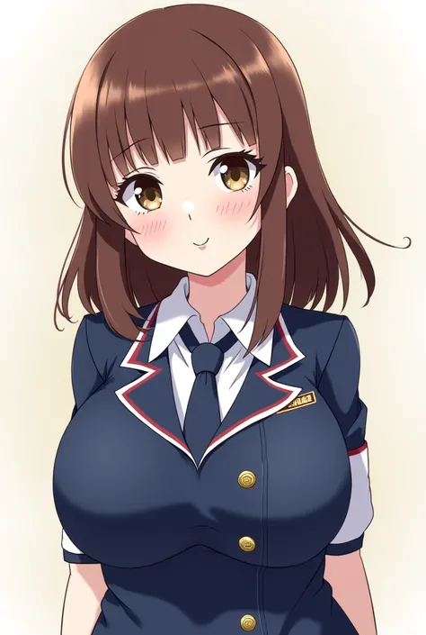 Anime girl Boku no Hero Academia straight brown hair with big breasts, wearing an academy uniform similar to Uraraka.