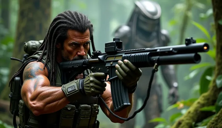  Sylvester Stallone in predator movie holding machine gun and ready for action in middle of dence forest. Predator movie predator standing in background. 