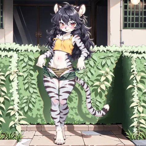 (furry, kemomo:1.5), solo, alone, detailed white tiger girl, detailed wild and unkempt hair, long black hair, detailed face, detailed animal nose, detailed cat ears, detailed cat eyes, crimson eyes, detailed slit pupils, blushing, teasing, tall stature, de...