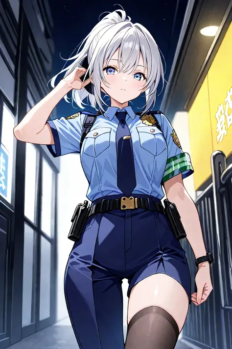  Silver Hair、 girl、Police Officer、 is cool、 guns、Investigator、 hair is long、 ponytail、Eyes are golden