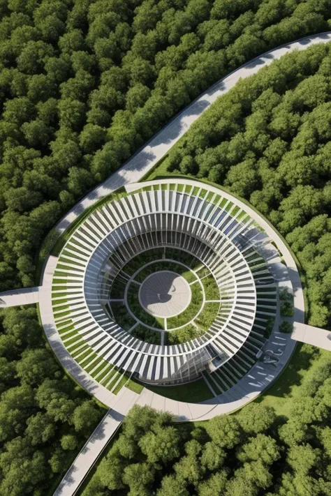 Future Architecture ， Aerial view ， combines the perfect fusion of technology with natural elements ，Terraced architecture combined with the appearance of linear geometry and greening design，Mobis Ring， demonstrates Tadao Ando's design philosophy 。