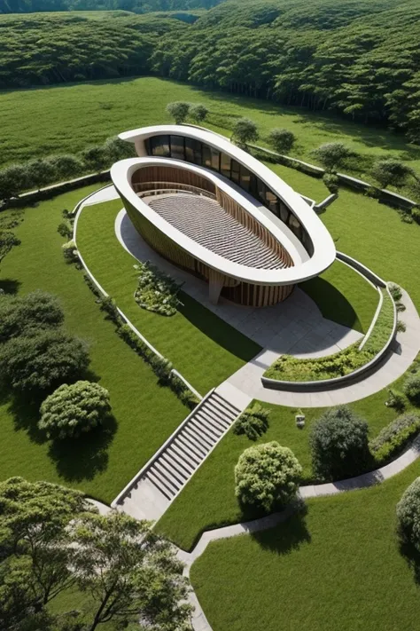 Future Architecture ， Aerial view ， combines the perfect fusion of technology with natural elements ，Terraced architecture combined with the appearance of linear geometry and greening design，Mobis Ring， demonstrates Tadao Ando's design philosophy 。