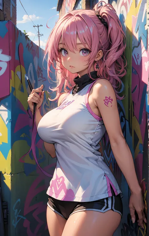 (best quality), masterpiece, extremely detailed CG uniform 8K illustration, high color, extremely high color saturation, all colors deepened, paint, graffiti art, center composition, extremely detailed light and shadow, graffiti wall, wall painted bright, ...