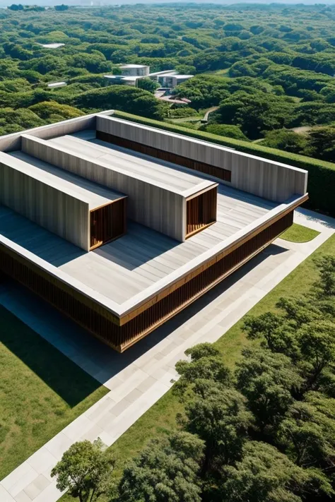 Future Architecture ， Aerial view ， combines the perfect fusion of technology with natural elements ， terraced building，Linear geometry ， demonstrates Tadao Ando's design philosophy 。