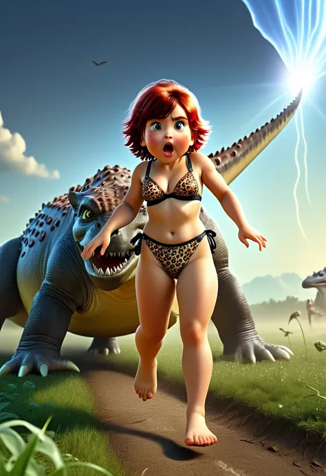  Retro cinematic image in the style of adventure and science fiction . .  Chubby troglodyte girl tied in prehistoric leopard skin underwear ,  with her scrambled and rebellious reddish brown hair  ,  riding a Diplodocus in a field where a UFO appears tryin...