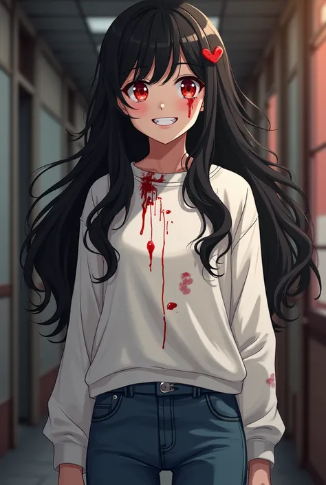  Screenshot of My Hero Academia Young woman with long wavy black hair ,  loose hair,  WHITE LEATHER FUND, Psychopath red eyes ,  psychopath's big smile and blood in every corner of the smile , psychopath's look with a sharp knife ,  is a Jean and a white s...