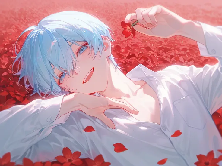 (1 man with short light blue hair:1.4)，((red flower field:1.4))、 the petals dance、 white shirt、Sunshine、 is bursting out laughing