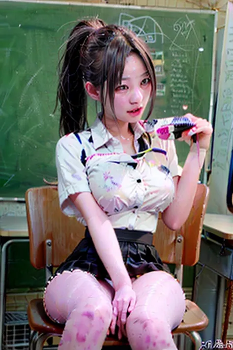 (photorealistic, masterpiece, film photo, raw) beautiful school girl, (tight low cut unbutton opened shirt with stomach showing and micro skirt), bursting cleavage, long straight hair, black hair, ponytail, innocent look, sitting on stool in classroom, naf...