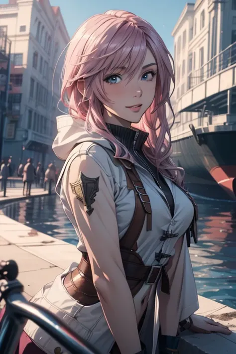 (最高 Masterpiece, top quality,4K,8k, Hi-Res, Masterpiece:1.2), Final Fantasy Lightning, pale pink hair,While watching a flying boat,  smiles,Beautiful Girlfriend,　 clothes with K semen are dirty