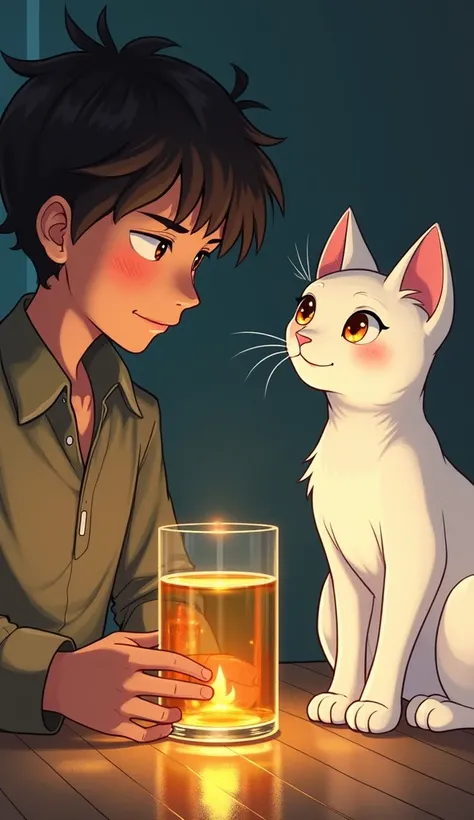 "Ali noticed that the oil layer was shaking in a certain way !"
Image Prompt:
Ali is looking at the water and oil intently, and the White Cat is sitting next to him curiously. There is light shaking on the surface of the oil in the glass.