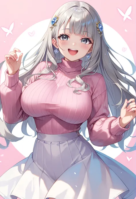 ((full pose:1.5)), ((pink sweater:1.5)), ((white skirt:1.5)), blunt bangs, gray hair, (gray eyes:1.5), long hair, hair ornament, sidelocks, ((happy face:1.4)),
BREAK living room background, ((large breasts:1.5)), 
BREAK (masterpiece:1.2), best quality, hig...