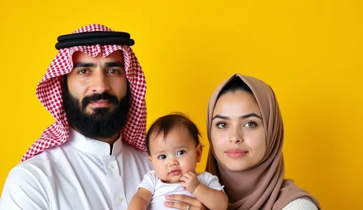 Image is a split-screen style thumbnail with a bright yellow background. On the left, a man with medium skin tone is wearing a traditional white thobe and a red and white checkered keffiyeh, holding a baby. The man has a well-groomed beard and a serious ex...