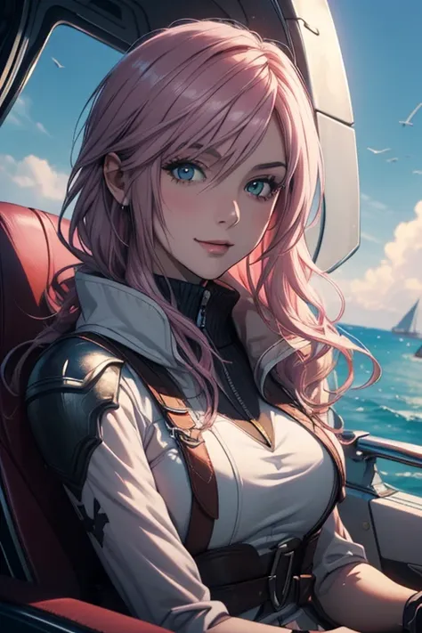 (最高 Masterpiece, top quality,4K,8k, Hi-Res, Masterpiece:1.2), Final Fantasy Lightning, pale pink hair,While watching a flying boat,  smiles,Beautiful Girlfriend,Deteriorated costumes