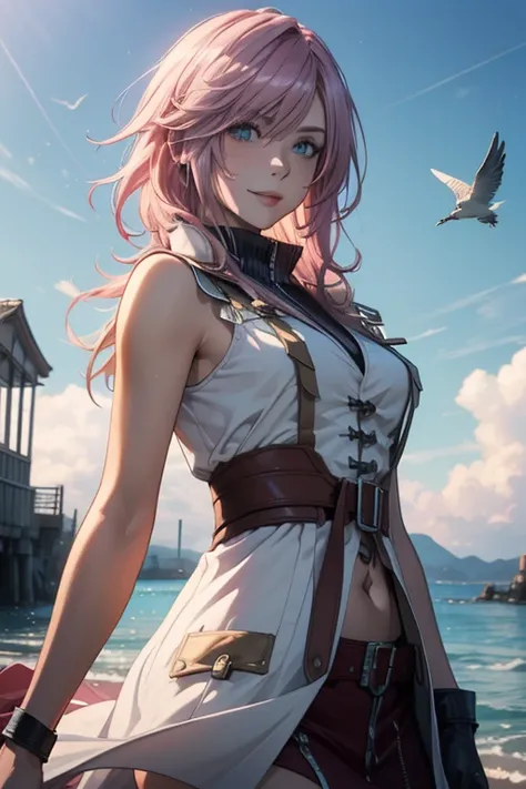 (最高 Masterpiece, top quality,4K,8k, Hi-Res, Masterpiece:1.2), Final Fantasy Lightning, pale pink hair,While watching a flying boat,  smiles,Beautiful Girlfriend,Deteriorated costumes