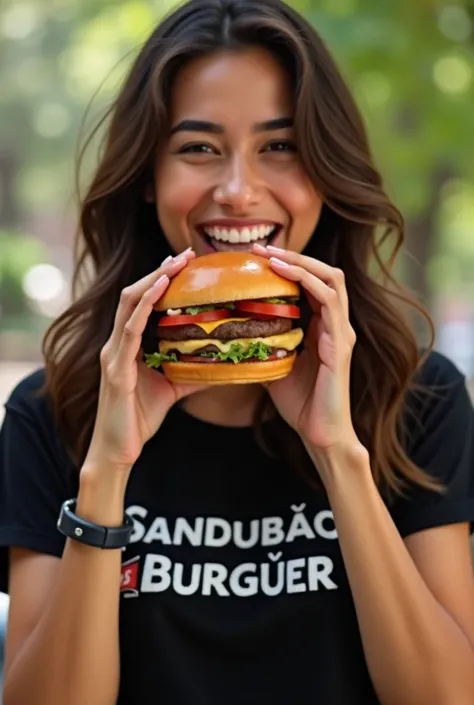 A brunette woman style Brazilian women holding a hamburger and smiling, wearing a black t-shirt written Sandubao Burguer ,   realistic photo