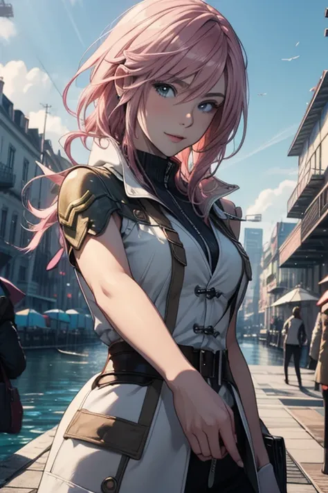 (最高 Masterpiece, top quality,4K,8k, Hi-Res, Masterpiece:1.2), Final Fantasy Lightning, pale pink hair,While watching a flying boat,  smiles,Beautiful Girlfriend,Deteriorated costumes, shake hands