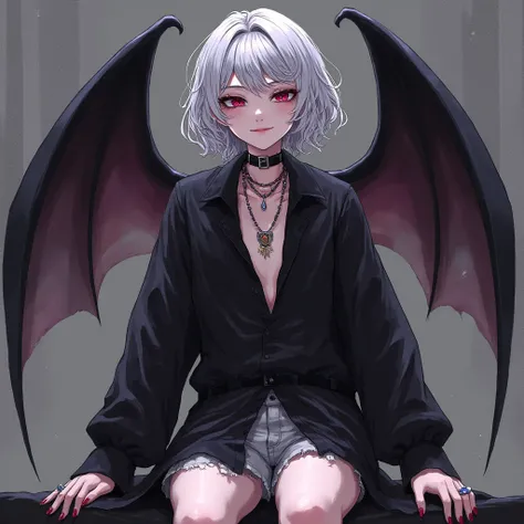 A young vampire with a modern gothic and aristocratic aesthetic, sitting confidently with a playful yet slightly sinister smile. Their appearance is androgynous, with a slim and elegant physique, delicate yet sharp facial features, and an air of mystery. T...