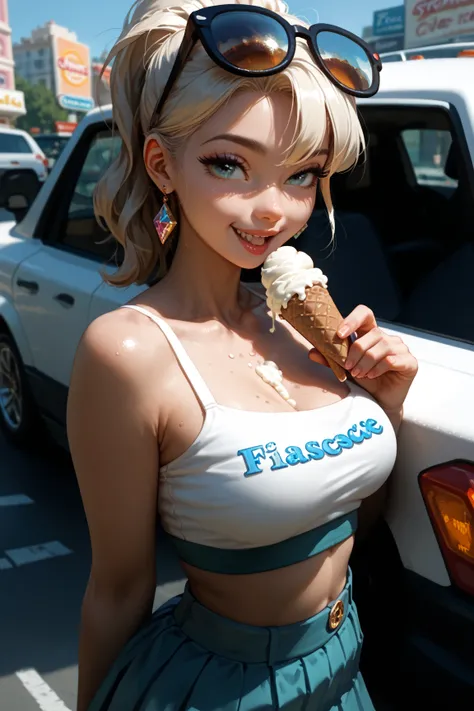  Most beautiful girl in the world, s ,  in the city, Buy ice cream at the ice cream truck , cropped white top, with the inscription "super sexy" , short tulle skirt, friendly girl,  ((On the hand of her little sister, s )), She is very happy about the ice ...