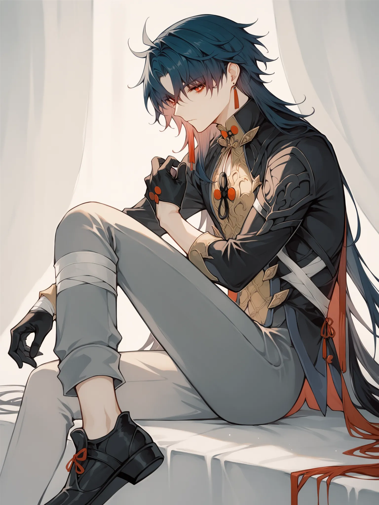  score_9,  score_8_ up,  score_7_ up,刄、 BladeHSR  , 1 person, Alone, Long dark blue hair, Hair covering the eyes,  Red Eyes ,  long black jacket , Golden Shirt,  1 black glove ,   one hand wrapped in a bandage ,  grey pants ,  black shoes , expressionless、...