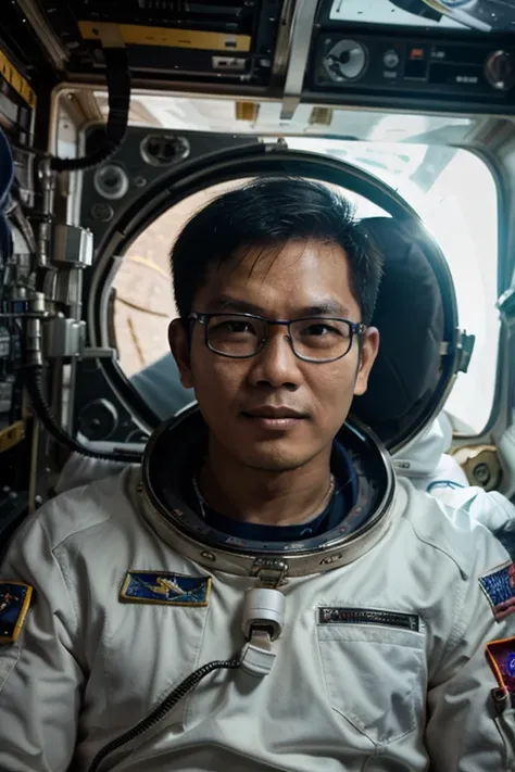 An Indonesian man wearing glasses wearing an astronaut's suit is in space 