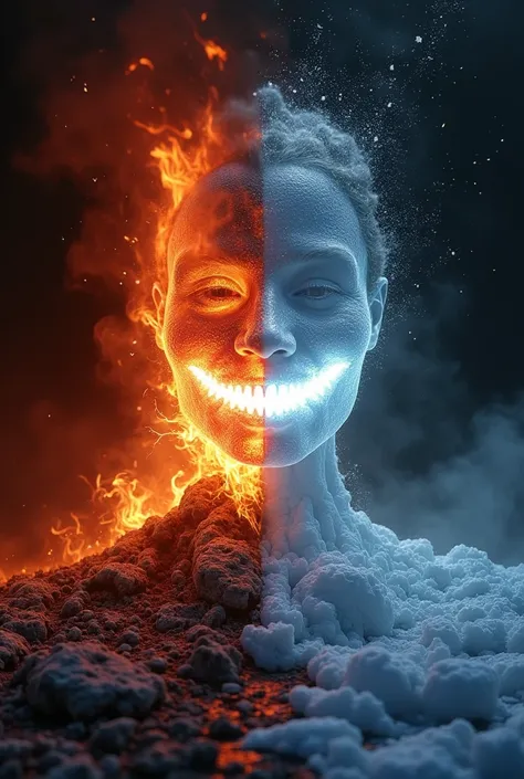 A black and red image with a white smile in the middle of one side of the fire and the other of the ice