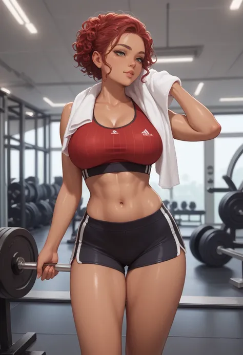 young woman in the gym, red curls, red tight sports top with two blue vertical stripes, black shorts, standing in front of the weight bench, big breasts, towel over her shoulder, belly free, sexy, tanned, 