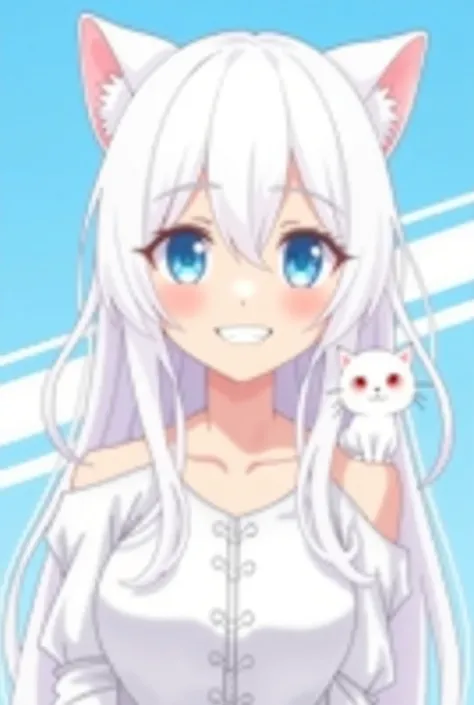 Generate a cute anime female version of the image with these details:

Catgirl theme: white cat ears, blue eyes, and long white hair.

Softer features: More feminine face with a grin.

Small white cat companion with red eyes: Present on the right shoulder....