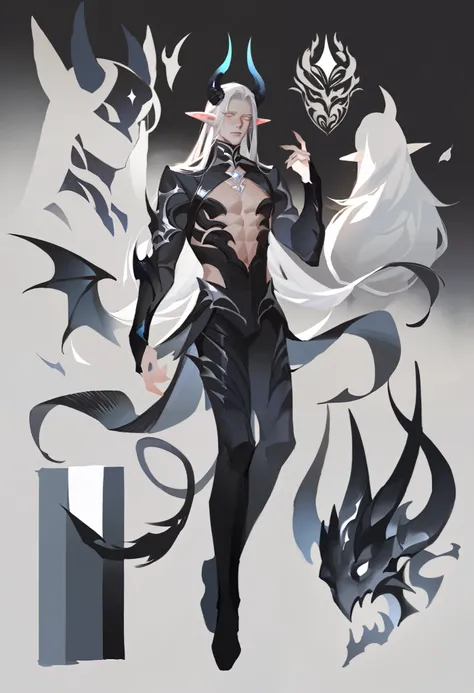 score_9, score_8_up, score_7_up, score_6_up, score_5_up, score_4_up 1boy, ((character concept)), , demon, human, (fullbody) , , detailed,yaoyaoaka,  long hair,elf ears, sexy, naked chest, horns, tails demonic, dark and white palette