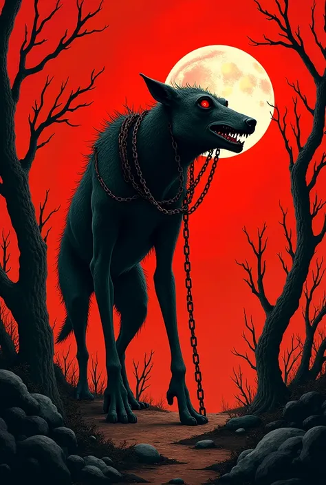 a creepy looking animal with chains on its neck standing in front of a red sky with trees and a moon, Anato Finnstark, gothic art, comic cover art, a woodcut, blood, red eyes