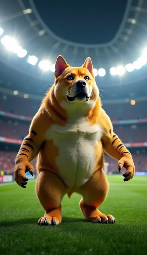 "A massive stadium in France roars with excitement as a giant, big-bellied cat with striped fur and a giant, muscular yet round-bellied dog with golden fur step onto the lush green field. Spotlights shine down, capturing their determined expressions as the...