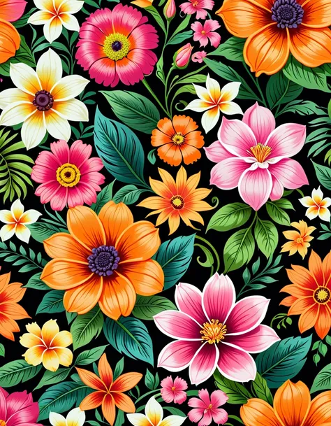 a close up of a flower pattern with many different colors, floral pattern, seamless pattern design, flowery wallpaper, floral wallpaper, floral motives, ornate floral, floral flowers colorful, garden flowers pattern, flower background, pink orange flowers,...