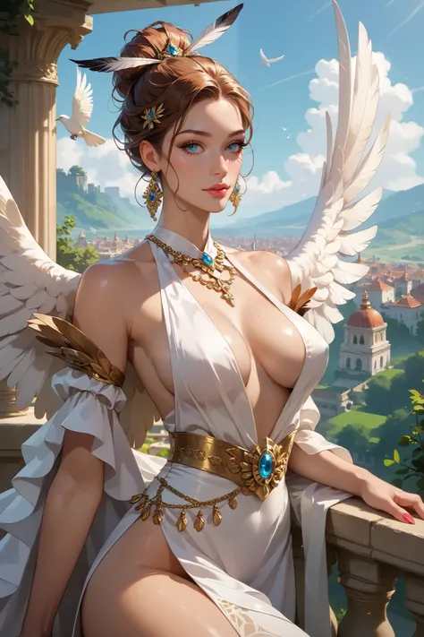 Stylized Highres Image, best quality, ((masterpiece)), Dove Woman, Big feathered wings, white Dove, ((perky breasts)), sexy, provocative, seductive, wearing feathers, feather wear, distant land horizon view, looking to a wide prairie hills on a balcony, fr...