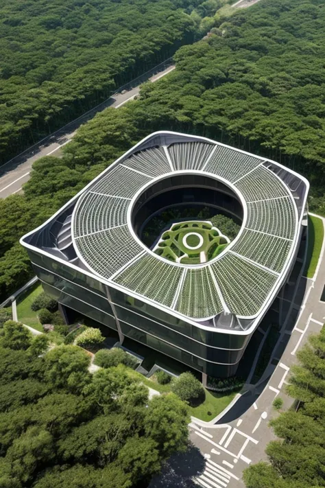 Future Architecture ， Aerial view ， combines the perfect fusion of technology with natural elements ，Terraced architecture combined with the appearance of linear geometry and greening design，Mobis Ring， demonstrates Tadao Ando's design philosophy 。