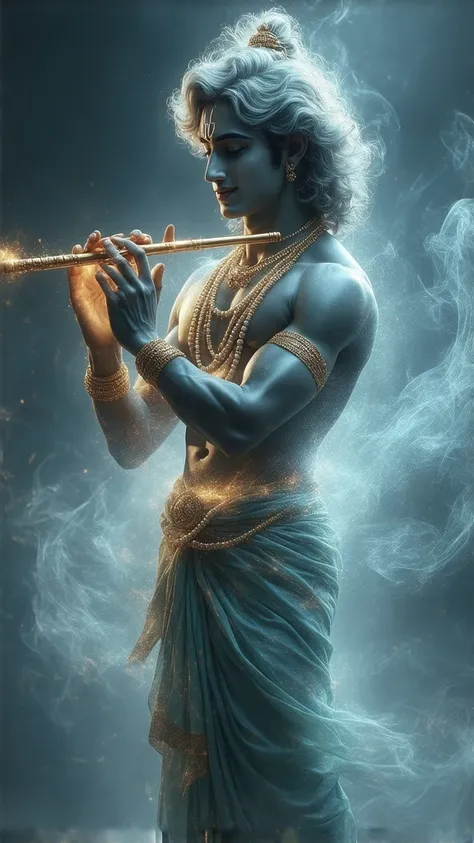 A full body, hyper-realistic, 3D, celestial, ethereal sculpture of youthful Lord Krishna, standing gracefully with a glowing golden flute in his hands. His silver-blue complexion radiates divine energy, closed eyes, handsome face, with gentle smile, soft l...