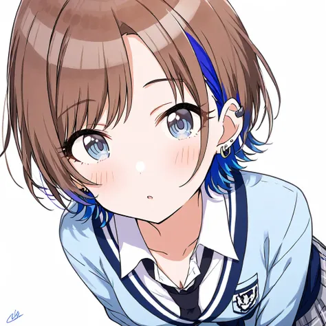 1girl, solo, blush, looking_at_viewer, short_hair, bangs, blue_eyes, skirt, brown_hair, simple_background, eyebrows_visible_through_hair, shirt, white_background, school_uniform, jewelry, blue_hair, collarbone, jacket, purple_hair, ahoge, upper_body, white...