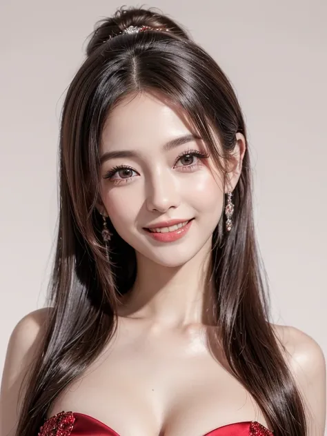 (8k,  top quality,  Hi-Res,  RAW Photo,  masterpiece :1.3),  Beautiful Stylish Adult Women , Long face, (( night ball background)), ((glamorous red dress), (( Beautiful Skin)), ,smile,, 1 girl,  smiles,  Hair,  hair that flutters like ,  has sparkling eyes...