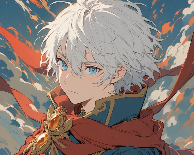 A boy with white hair and blue eyes , with white and blue clothes with a red scarf and a gold brooch , With Imgame in the style of Ghibli Studios 